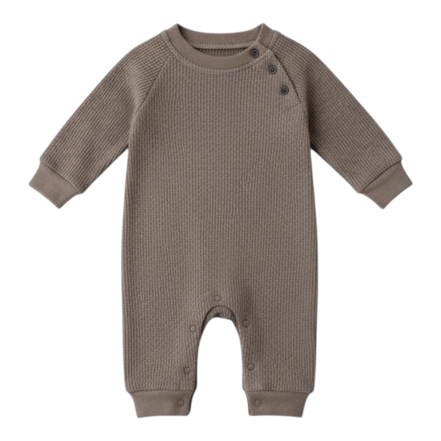 Waffle Long-Sleeve Baby All in One in brown laid flat, showing shoulder buttons, ribbed cuffs and leg poppers
