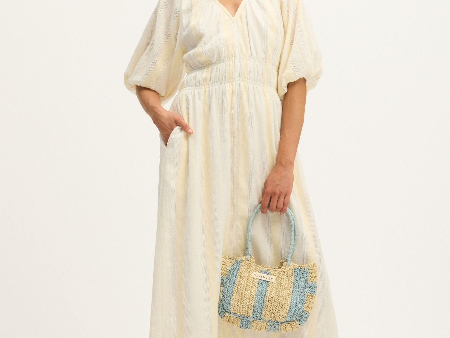 Bella Waffle Maxi Dress in Ecru and White by Summery Copenhagen – bump-friendly cotton maternity summer dress with button-down front