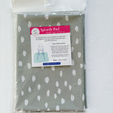 Splash Mat Sage Spots, packaged with a hanging header card and label showing a highchair and 110cm x 110cm size