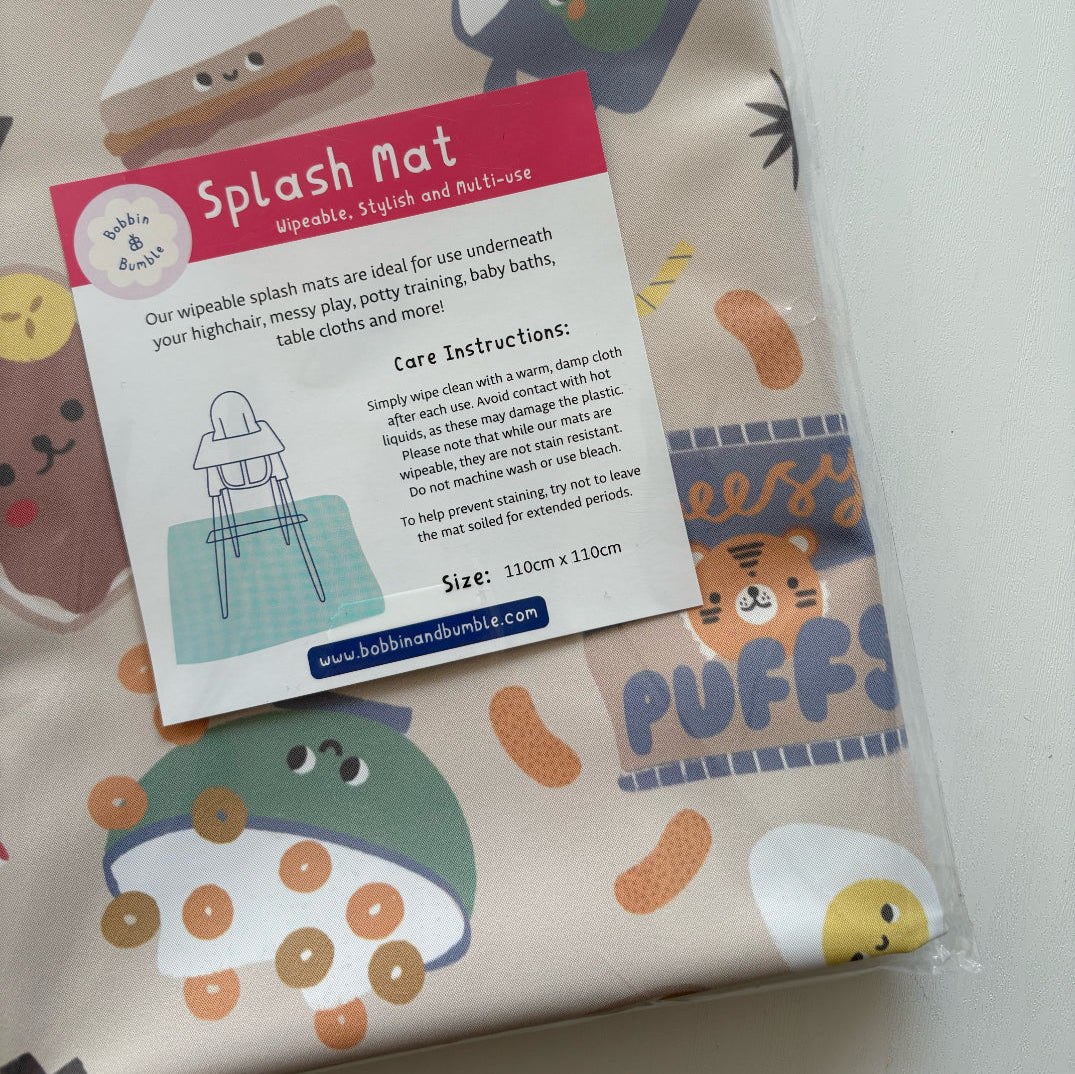 Splash Mat Snack Time packaging label close-up: wipeable, multi-use, care instructions, size 110cm x 110cm