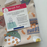 Splash Mat Snack Time packaging label close-up: wipeable, multi-use, care instructions, size 110cm x 110cm