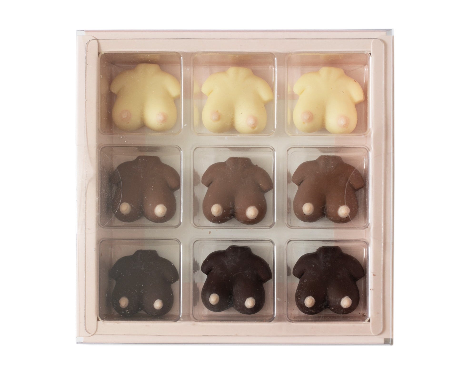 A 9-piece chocolate gift box featuring animal-shaped chocolates in three colors: pale cream, medium brown, and dark chocolate. The chocolates are shaped like sheep, cows, and pigs, with small white details on their faces.