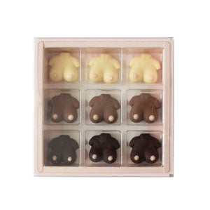 A 9-piece chocolate gift box featuring animal-shaped chocolates in three colors: pale cream, medium brown, and dark chocolate. The chocolates are shaped like sheep, cows, and pigs, with small white details on their faces.
