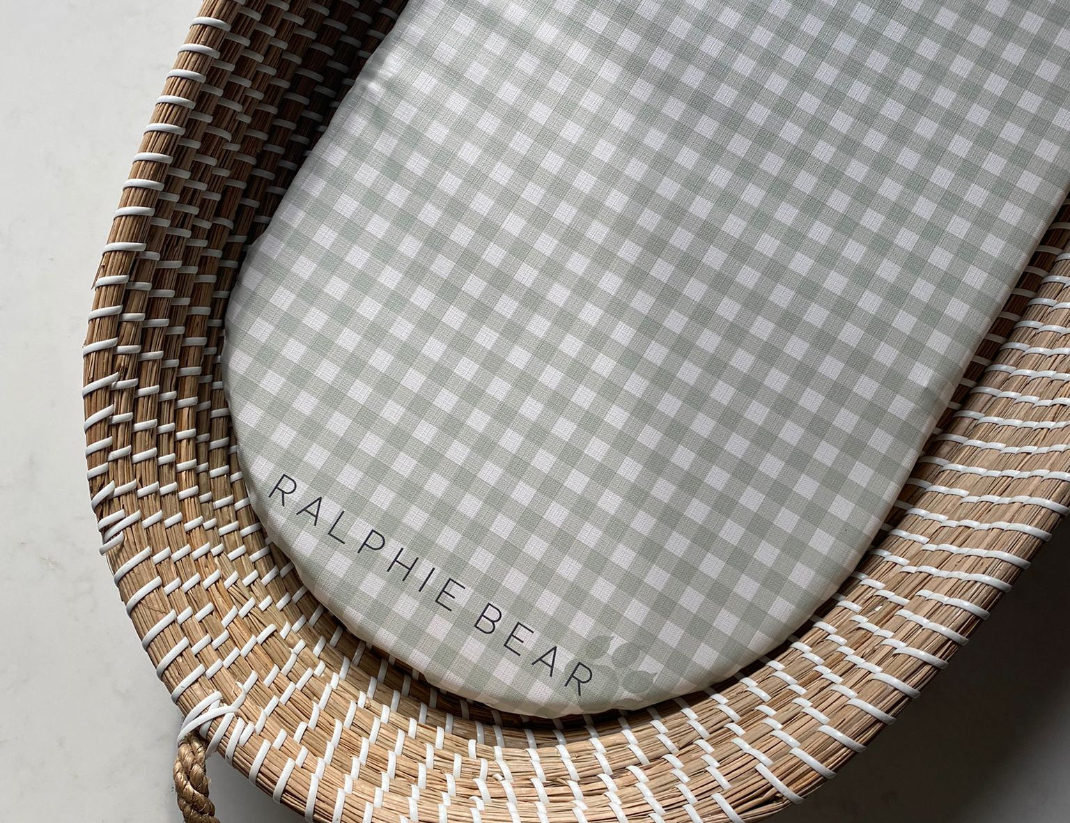 Ralphie Bear Gingham Sage Changing Basket Mat Liner 1