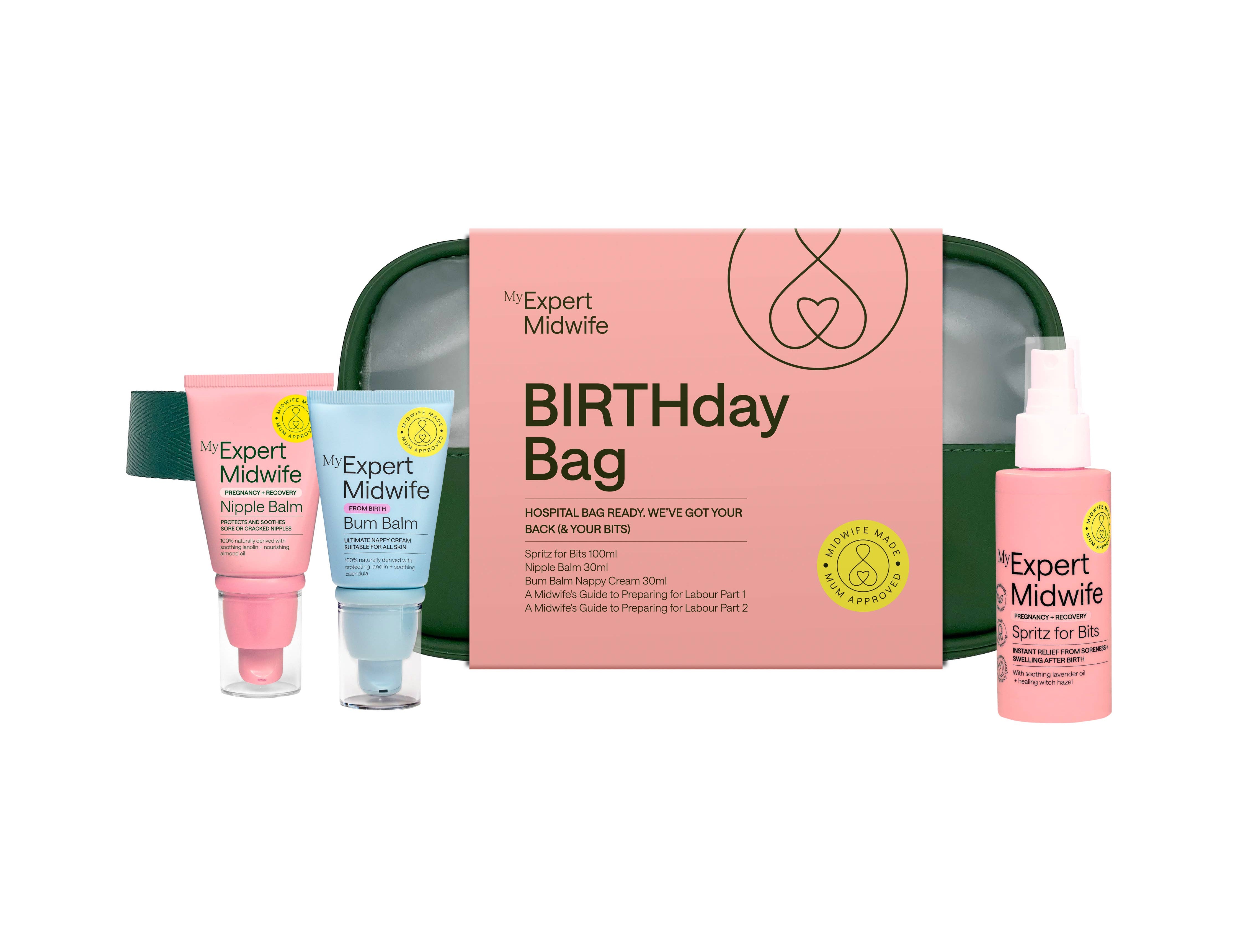 Set of 'My Expert Midwife' products including a 'Birthday Bag' on a white background
