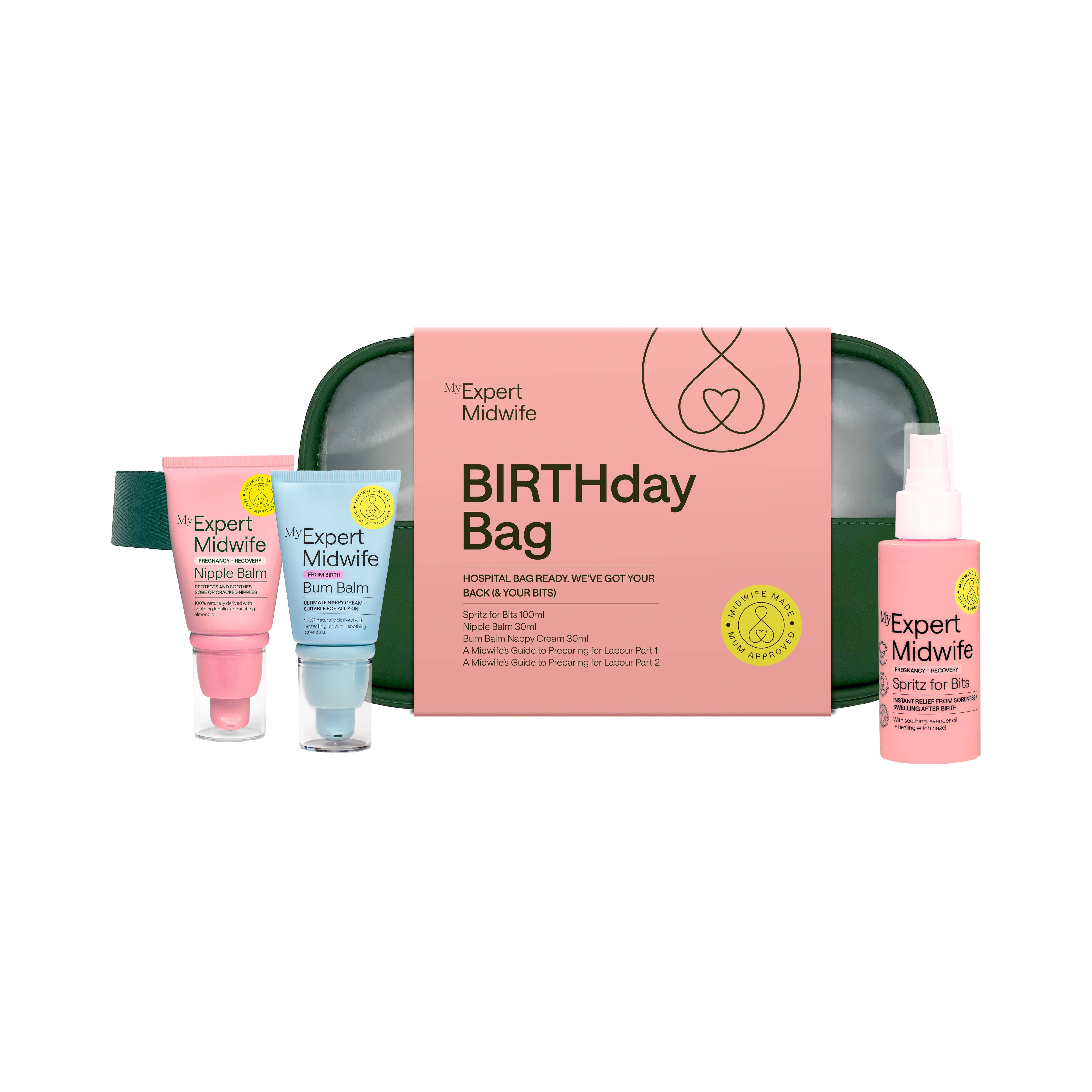 Set of 'My Expert Midwife' products including a 'Birthday Bag' on a white background