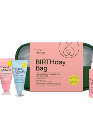 Set of 'My Expert Midwife' products including a 'Birthday Bag' on a white background