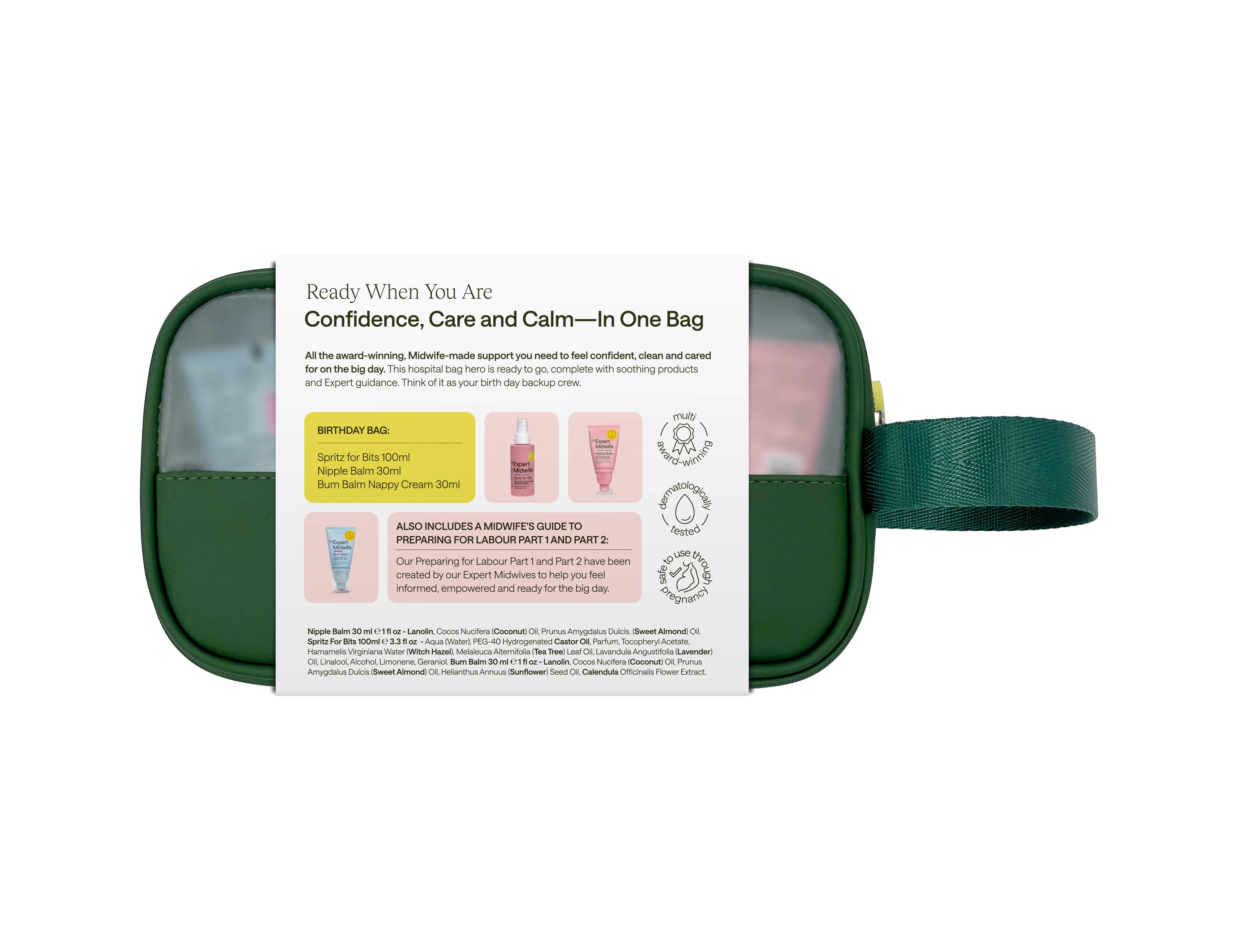 Green travel bag with product packaging on a white background