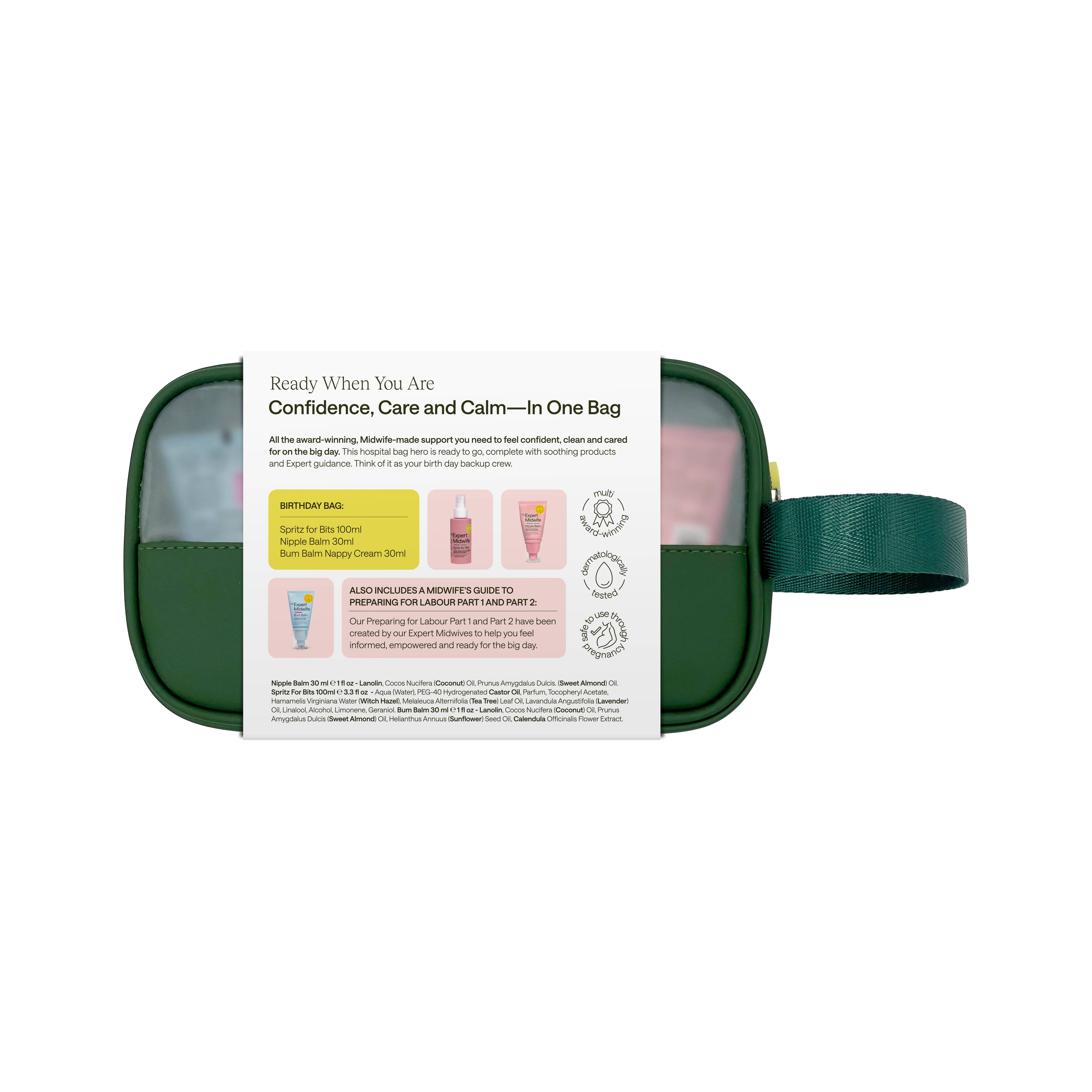 Green travel bag with product packaging on a white background