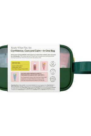 Green travel bag with product packaging on a white background