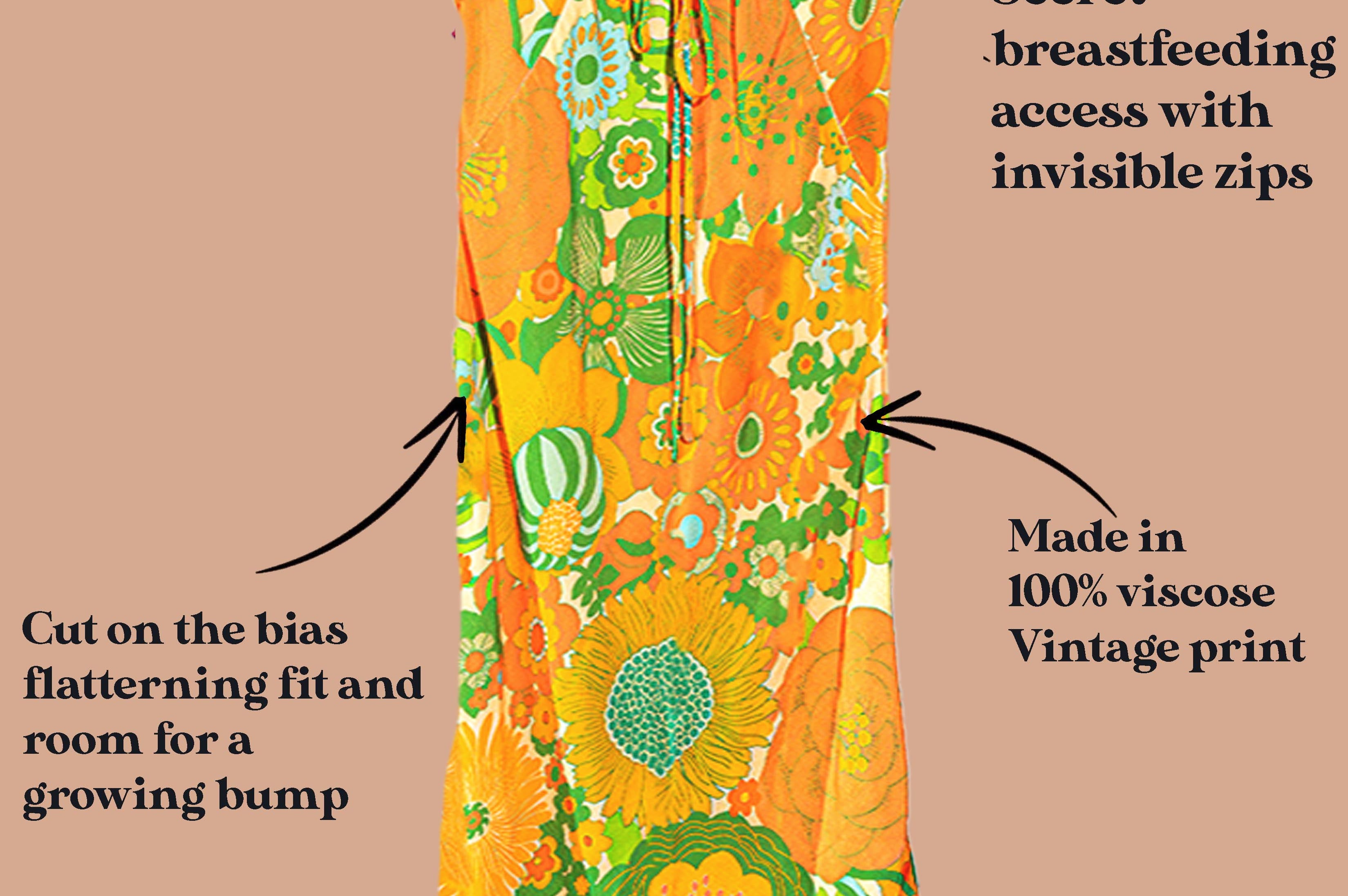 A retro-style maternity dress with a vibrant orange, green, and yellow floral print, shown with text callouts detailing its nursing features and vintage design on a solid tan background.