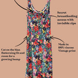 A sleeveless vintage floral print maternity dress with text callouts explaining its features, including adjustable neckline, secret breastfeeding access with invisible zips, and a 100% viscose vintage print, set against a solid tan background.