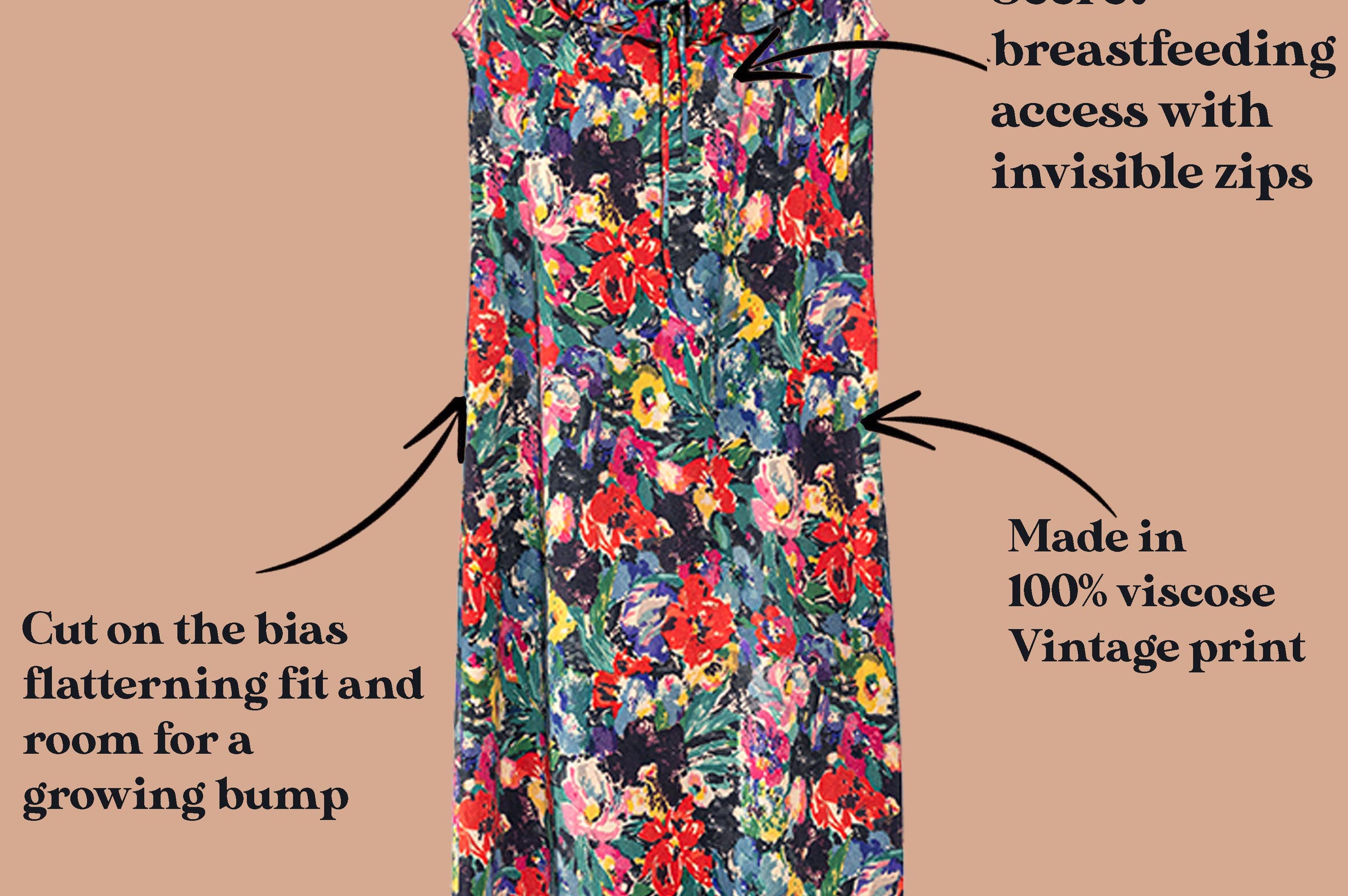 A sleeveless vintage floral print maternity dress with text callouts explaining its features, including adjustable neckline, secret breastfeeding access with invisible zips, and a 100% viscose vintage print, set against a solid tan background.