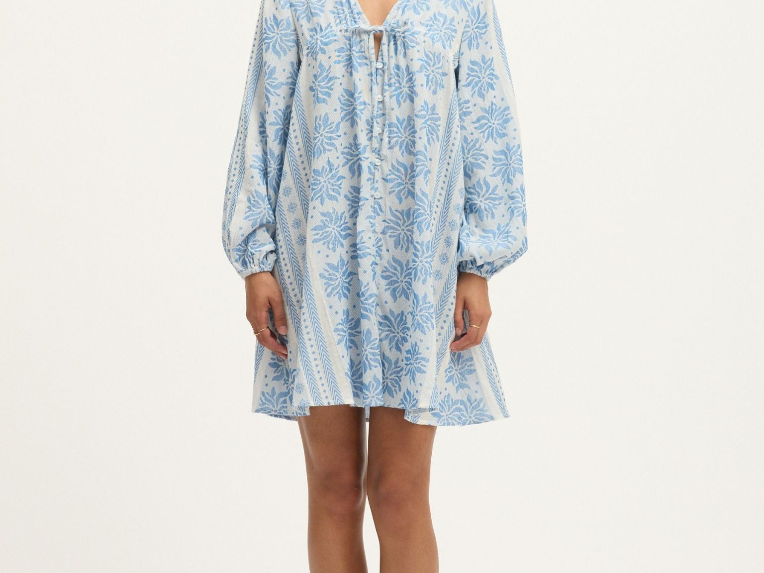 Deborah Waffle Mini Dress in Bright White and Blue by Summery Copenhagen – lightweight cotton mini with embroidered detail, ideal for mums during pregnancy and breastfeeding