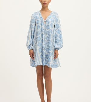 Deborah Waffle Mini Dress in Bright White and Blue by Summery Copenhagen – lightweight cotton mini with embroidered detail, ideal for mums during pregnancy and breastfeeding