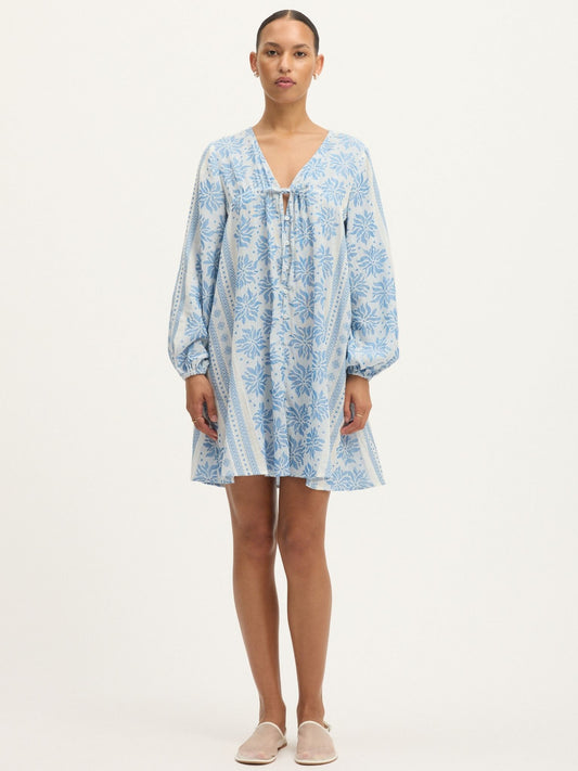 Deborah Waffle Mini Dress in Bright White and Blue by Summery Copenhagen – lightweight cotton mini with embroidered detail, ideal for mums during pregnancy and breastfeeding