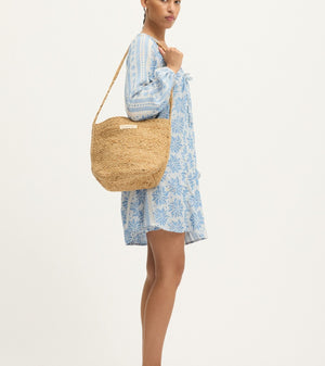 Deborah Waffle Mini Dress in Bright White and Blue by Summery Copenhagen – lightweight cotton mini with embroidered detail, ideal for mums during pregnancy and breastfeeding