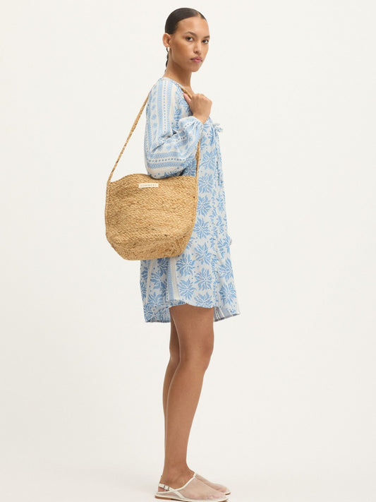 Deborah Waffle Mini Dress in Bright White and Blue by Summery Copenhagen – lightweight cotton mini with embroidered detail, ideal for mums during pregnancy and breastfeeding