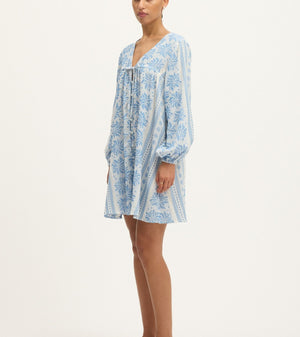 Deborah Waffle Mini Dress in Bright White and Blue by Summery Copenhagen – lightweight cotton mini with embroidered detail, ideal for mums during pregnancy and breastfeeding