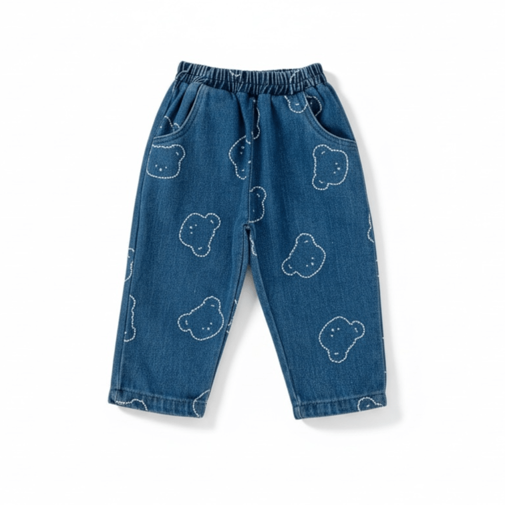 Bear Print Jacket & Jogger Set in blue denim, trousers only, front view with elasticated waist, side pockets and bear outlines