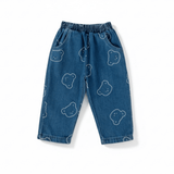 Bear Print Jacket & Jogger Set in blue denim, trousers only, front view with elasticated waist, side pockets and bear outlines