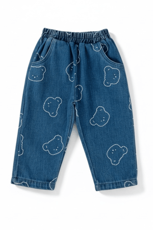 Bear Print Jacket & Jogger Set in blue denim, trousers only, front view with elasticated waist, side pockets and bear outlines