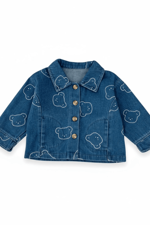 Bear Print Jacket & Jogger Set in blue denim, jacket only, front view with collar, four buttons and bear outlines