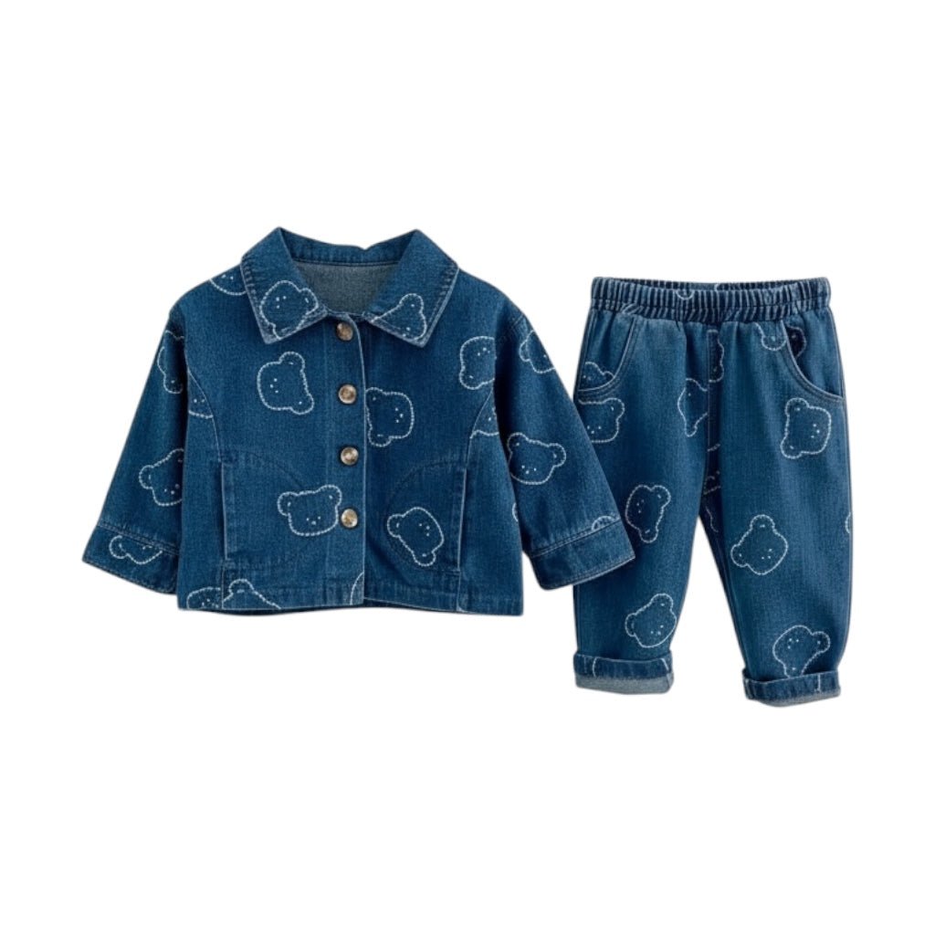 Bear Print Jacket & Jogger Set in blue denim, flat lay of the buttoned jacket beside the trousers with turned-up hems