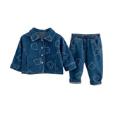 Bear Print Jacket & Jogger Set in blue denim, flat lay of the buttoned jacket beside the trousers with turned-up hems