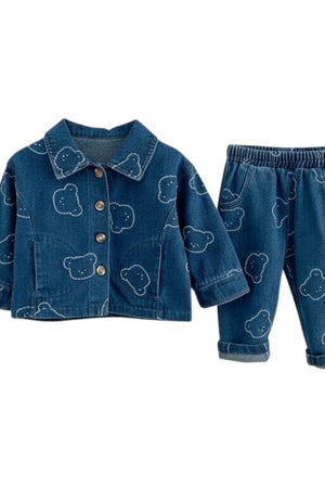 Bear Print Jacket & Jogger Set in blue denim, flat lay of the buttoned jacket beside the trousers with turned-up hems
