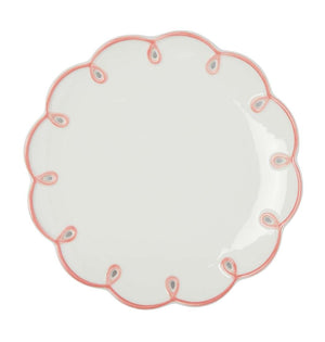 Pretty in Pink Scalloped Lunch Plate, top view of one white plate with a pink looped scalloped edge