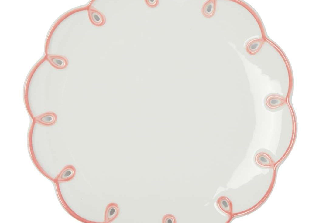 Pretty in Pink Scalloped Lunch Plate, top view of one white plate with a pink looped scalloped edge