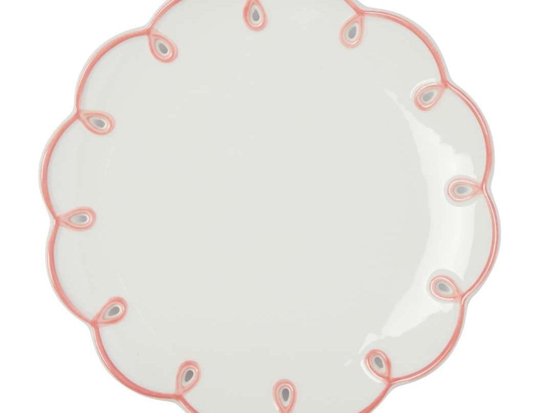 Pretty in Pink Scalloped Lunch Plate, top view of one white plate with a pink looped scalloped edge