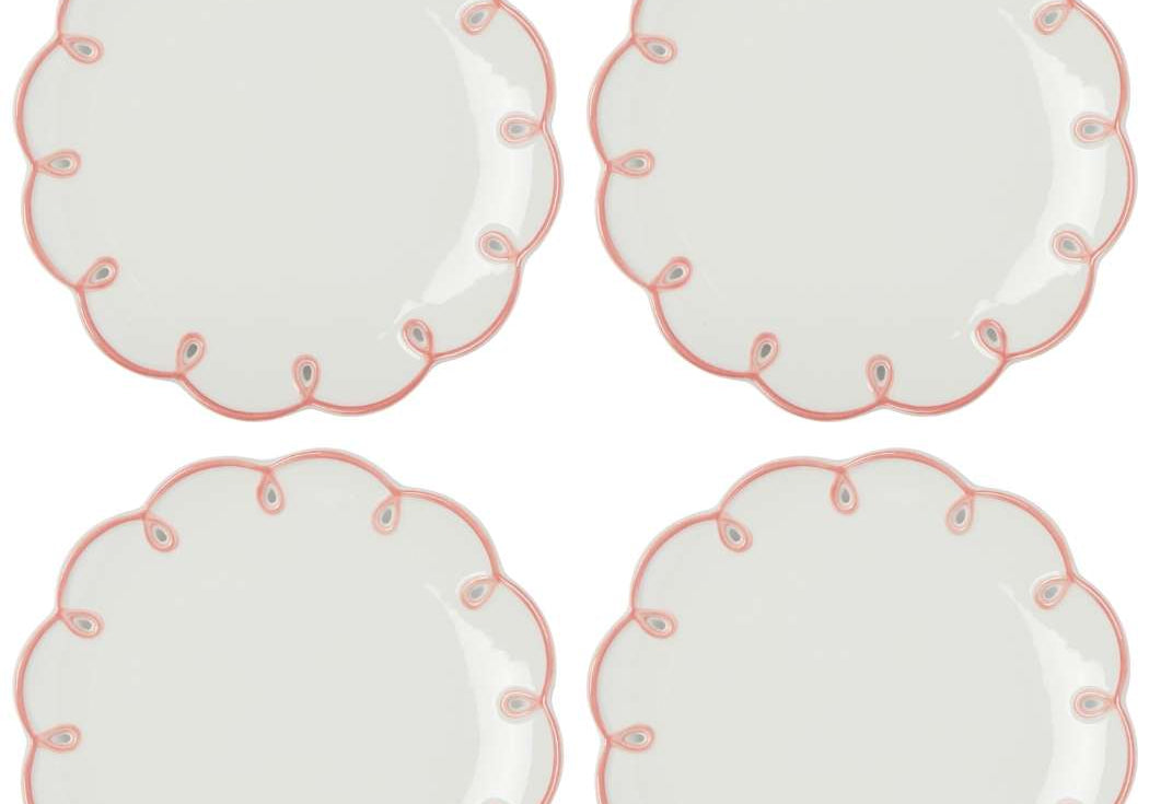 Pretty in Pink Scalloped Lunch Plates, set of 4 white plates with pink looped scalloped edges laid out in a grid
