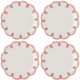 Rosy Red Scalloped Lunch Plates, set of 4 white plates with red looped scalloped edges laid out in a grid
