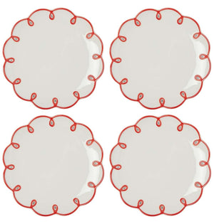 Rosy Red Scalloped Lunch Plates, set of 4 white plates with red looped scalloped edges laid out in a grid