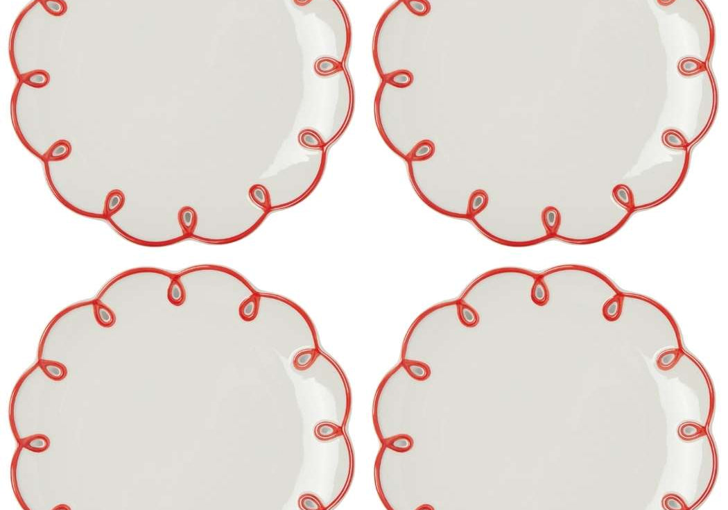 Rosy Red Scalloped Lunch Plates, set of 4 white plates with red looped scalloped edges laid out in a grid