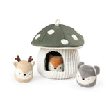 Hide & Seek Mushroom Activity Toy with the fox tucked inside the doorway and the deer and mouse sitting outside