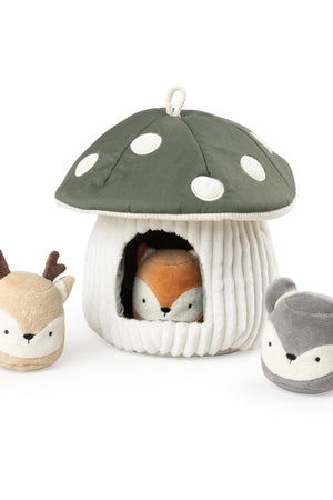 Hide & Seek Mushroom Activity Toy with the fox tucked inside the doorway and the deer and mouse sitting outside