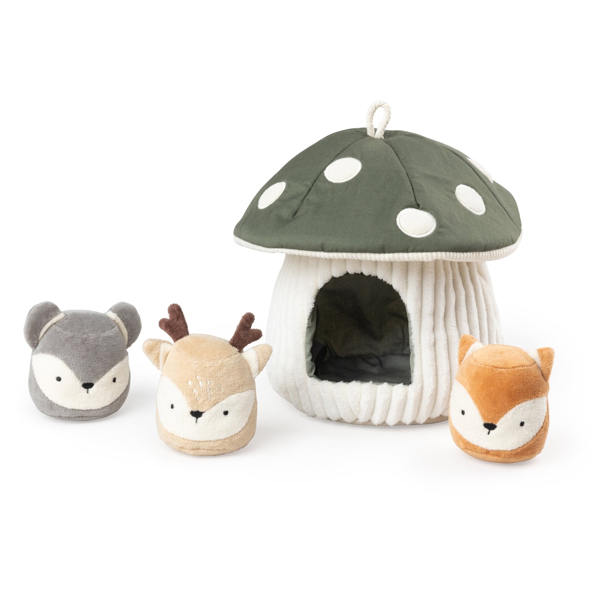 Hide & Seek Mushroom Activity Toy front view on white, with mouse, deer and fox animals placed outside the mushroom house