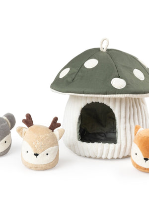 Hide & Seek Mushroom Activity Toy front view on white, with mouse, deer and fox animals placed outside the mushroom house