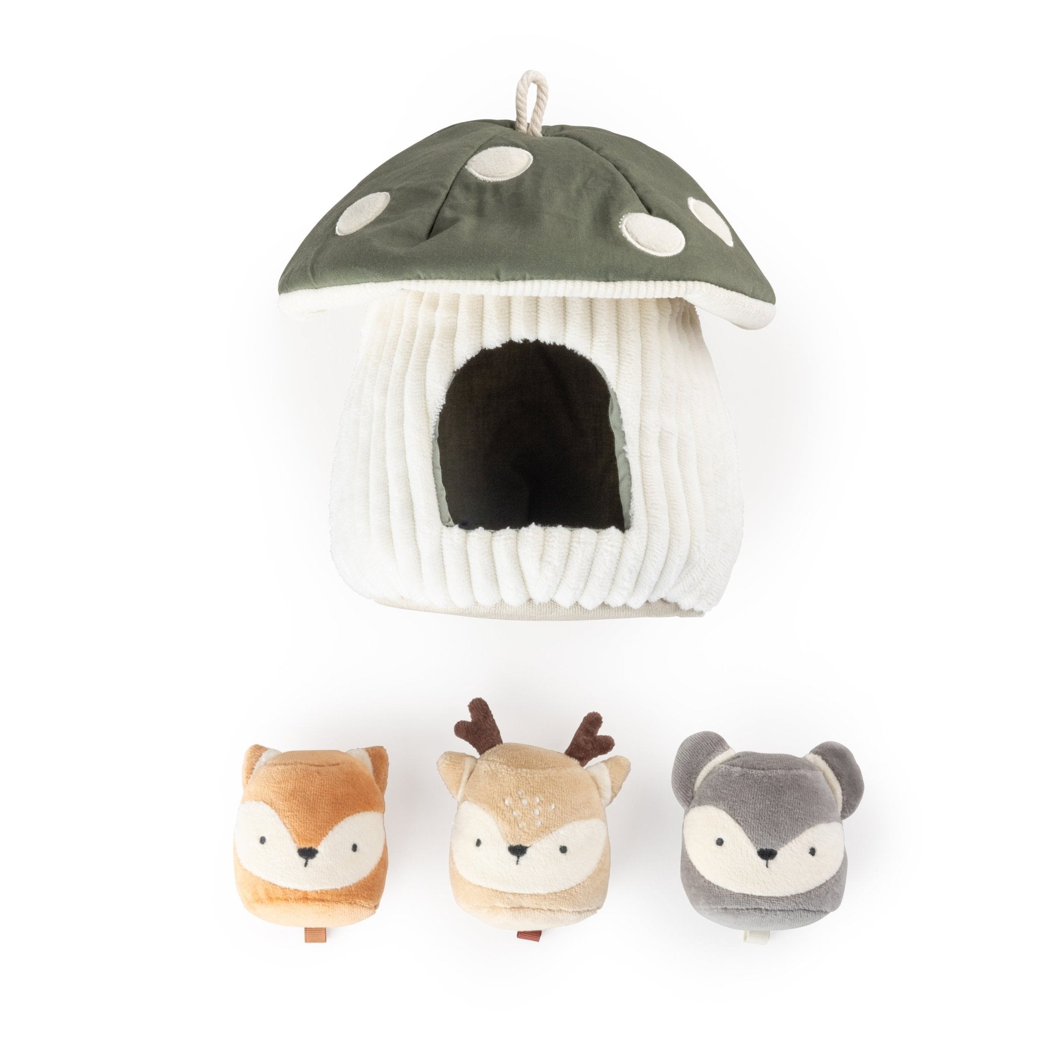 Hide & Seek Mushroom Activity Toy from above, with the mushroom house at the top and fox, deer and mouse laid out below