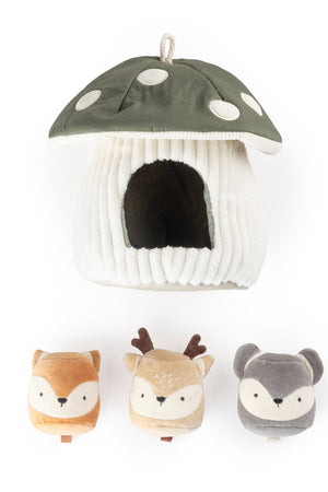 Hide & Seek Mushroom Activity Toy from above, with the mushroom house at the top and fox, deer and mouse laid out below