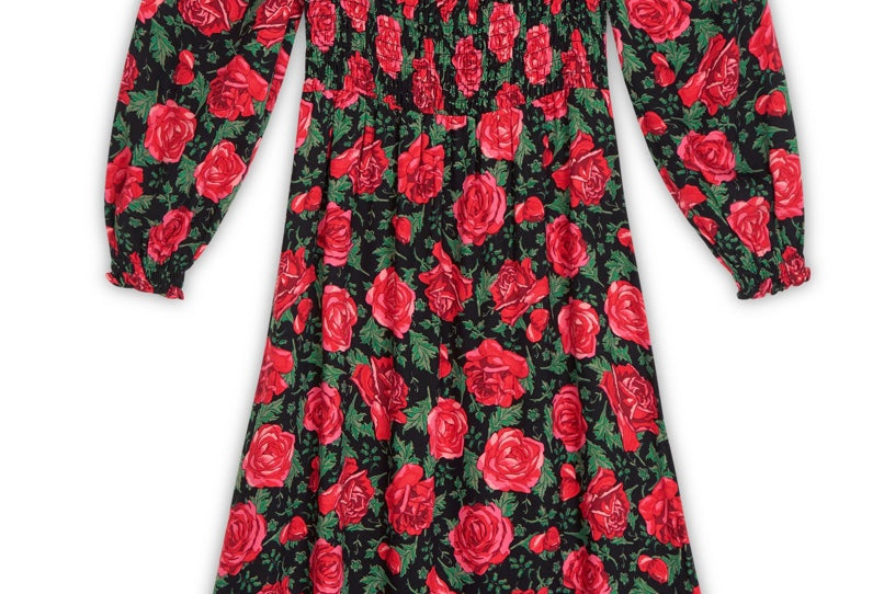 Albaray Rose Print Floral Shirred Bodice Dress Black & Red For The Creators Albaray Rose Print Floral Shirred Bodice Dress Black & Red For The Creators