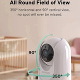 White security camera with 360-degree view capabilities in a home setting.