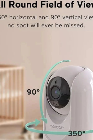 White security camera with 360-degree view capabilities in a home setting.