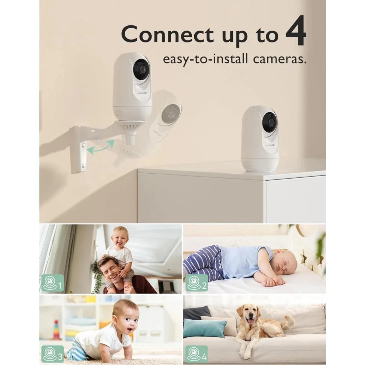 Two security cameras mounted on a wall with text 'Connect up to 4 easy-to-install cameras' and images of a family and pets.