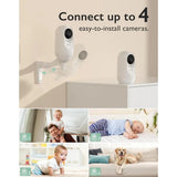Two security cameras mounted on a wall with text 'Connect up to 4 easy-to-install cameras' and images of a family and pets.