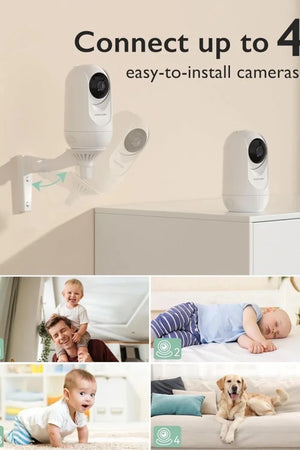 Two security cameras mounted on a wall with text 'Connect up to 4 easy-to-install cameras' and images of a family and pets.
