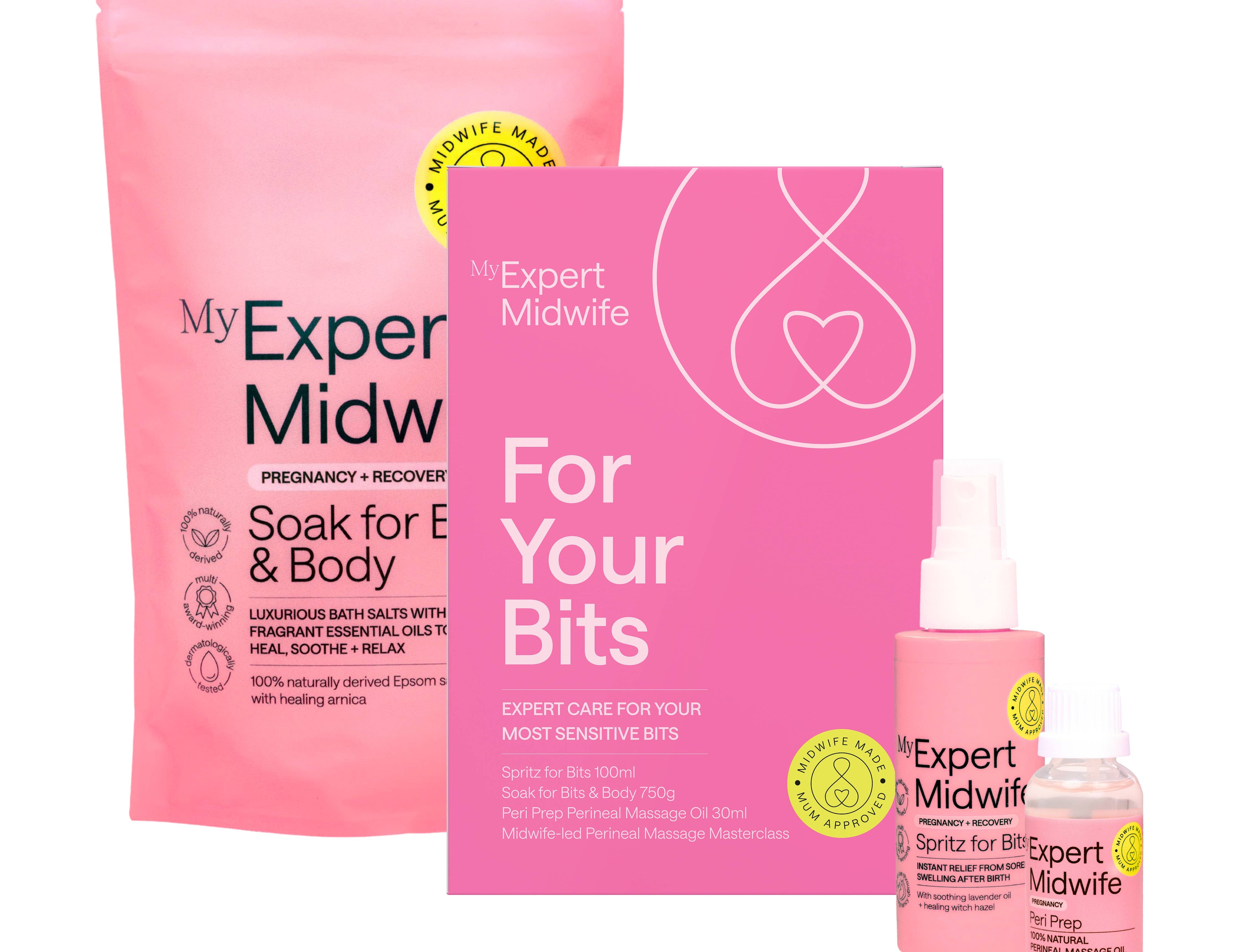 My Expert Midwife product set including a bag, bottle, and spray on a white background